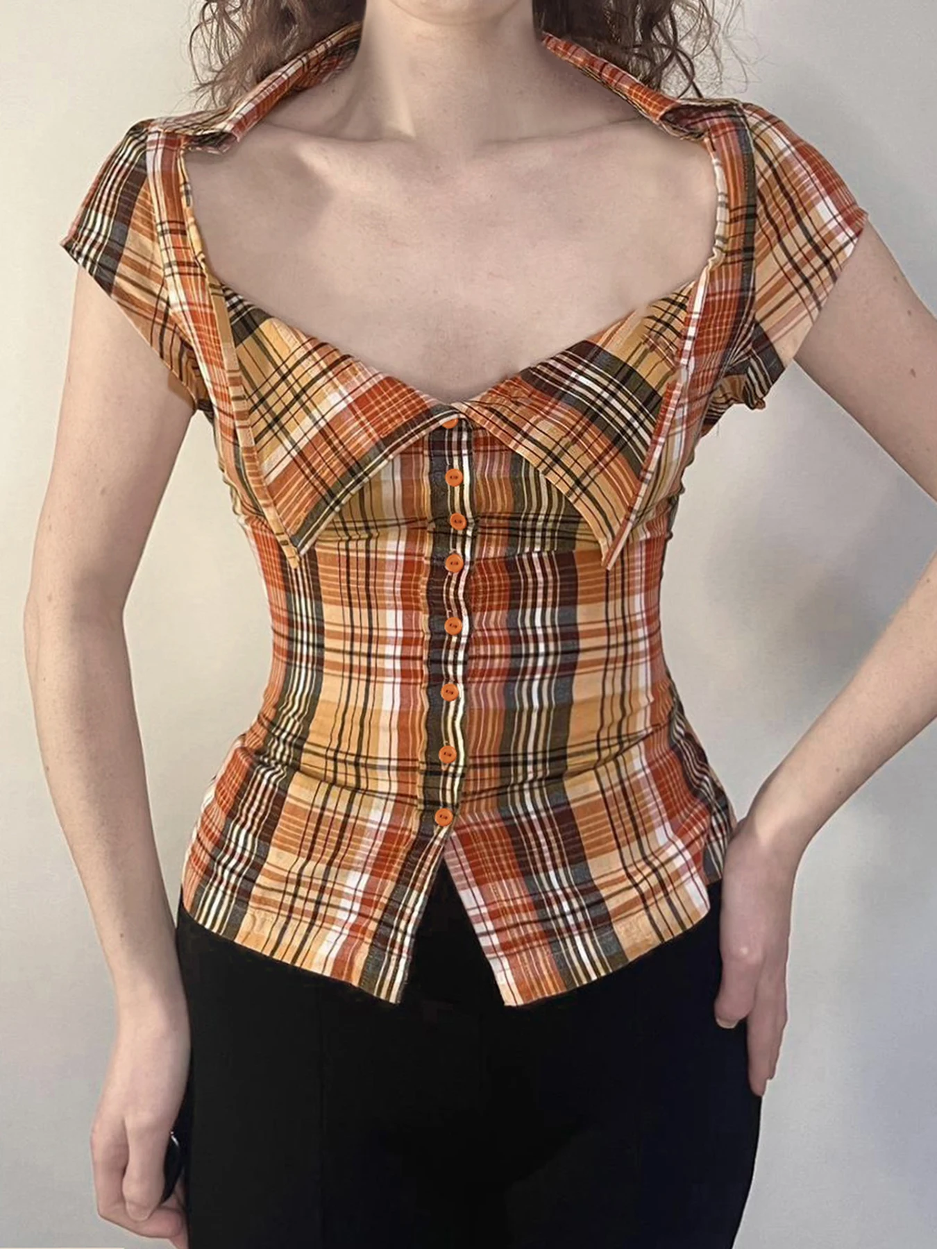 

Sweetown Plaid Prints Fashion Up Turn Down Collar Women Blouses Y2k Button Retro Style Fashion Trendy Causal Shirts