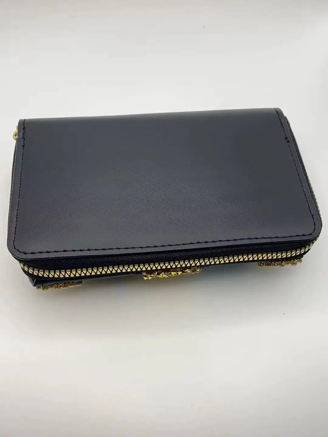 New Cross-Border Style Artificial Leather Women's Short Wallet, Black Rhinestone Crystal Flower Clasp Clutch Bag, Multi-Card Slot Zipper Coin Purse, High-End Party Evening Bag