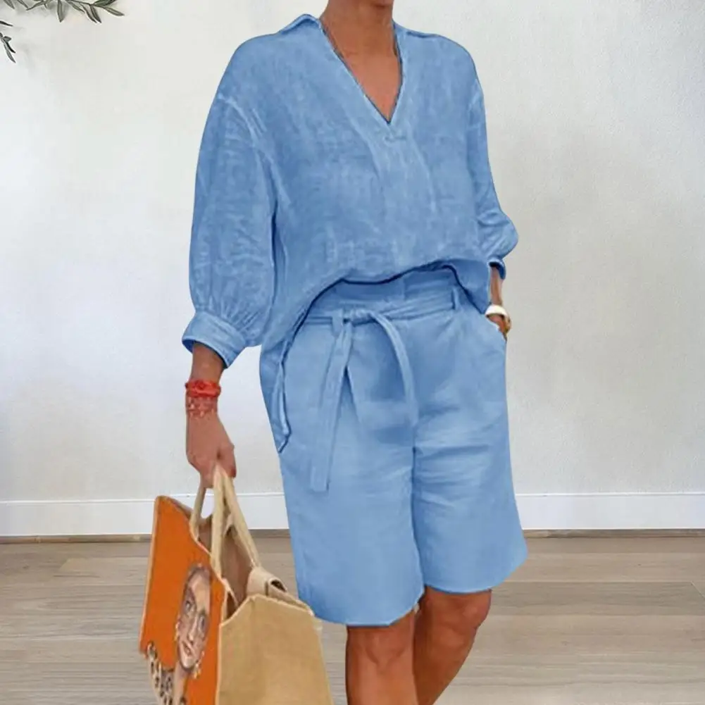 2024 Fashion Half Sleeve V-Neck Shirt Casual Loose Two Piece Set For Women Straight Pocket Belt Pants Summer Cotton Linen Suit