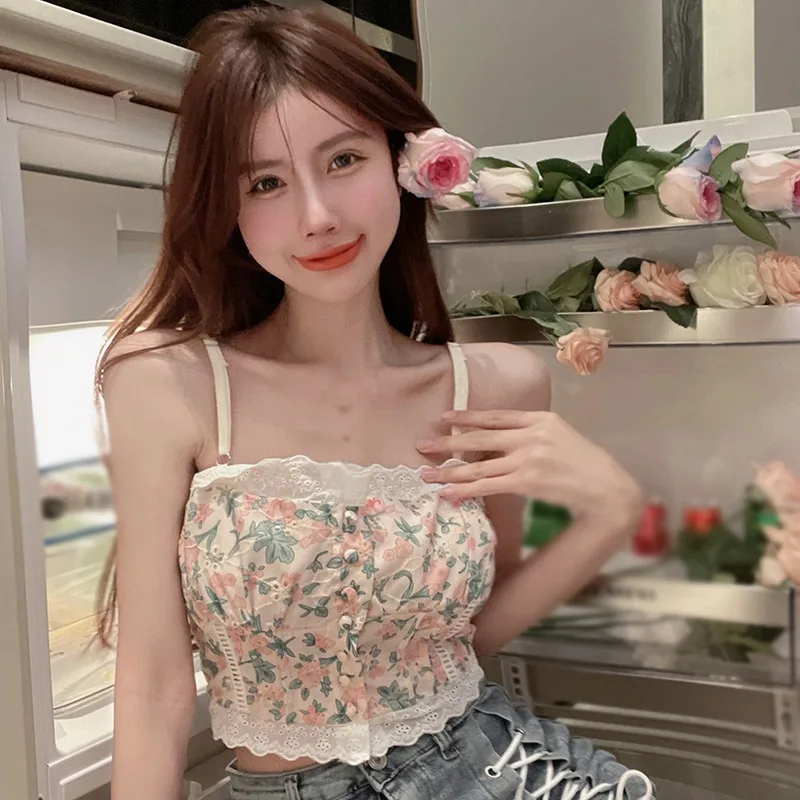  Lace Floral Camis For Women Sweet Girlish Sexy Vintage French Style Single Breasted Lady Slim Crop Tops Female Ulzzang Chic 