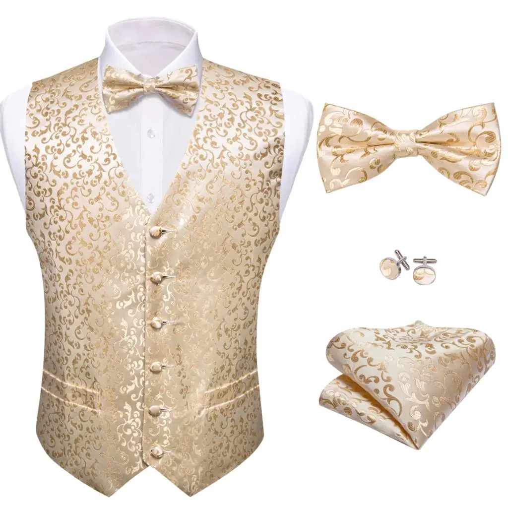 

Luxury Men's Vest Silk Embroidered Beige Flower Slim Fit Waistcoat Tie Set Wedding Formal Sleeveless Jacket Barry Wang