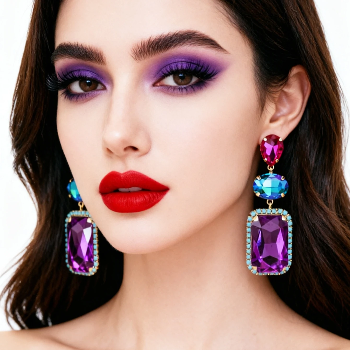 handmade Earrings for Women combination of oval and rectangular pendants with blue rhinestones designed suitable for banquets