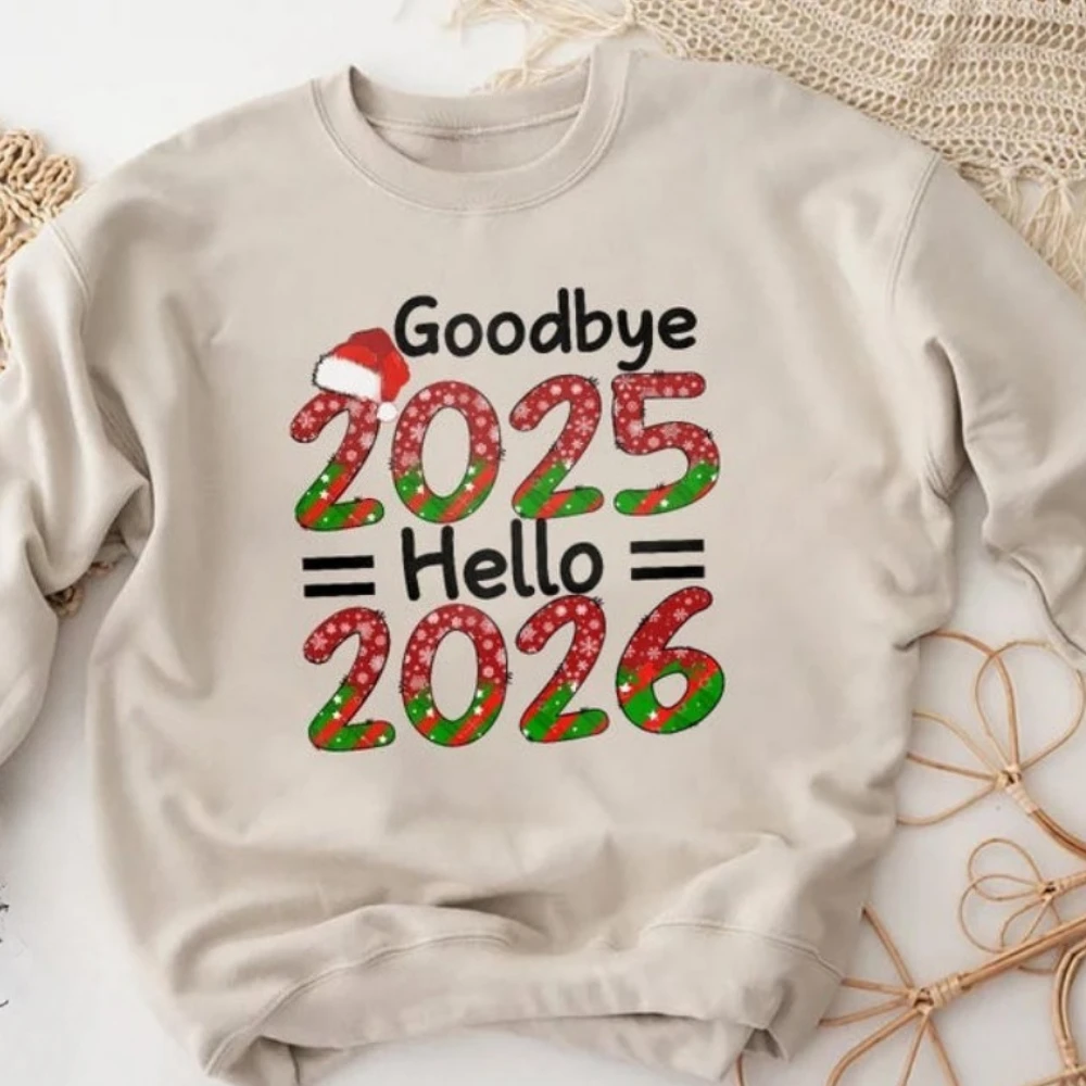 

Свитер Goodbye 2025 Hello 2026 с Новым годом 2026 Толстовка с круглым вырезом с карманом и регулируемым шнурком унисекс для женщин и мужчин Спортивный костюм