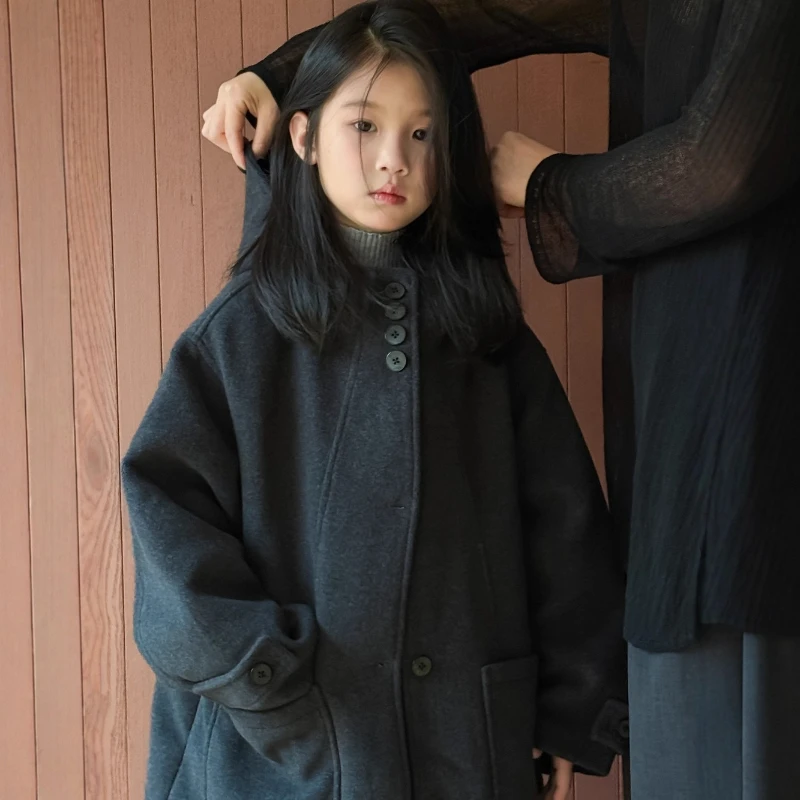 

2025 Autumn/Winter Girls' Hooded Thickened Cotton Design Medium Length Woolen Coat