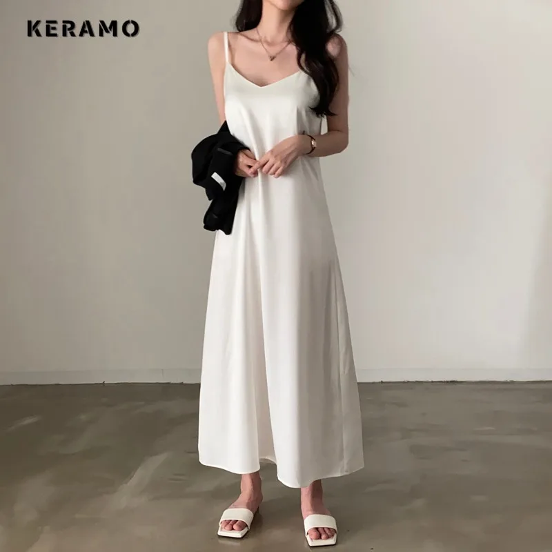 

2024 Summer Women Sexy Backless V-Neck Sheath Suspender Dresses Hotsweet Satin Soft High Waist Solid Color Fairycore Dress