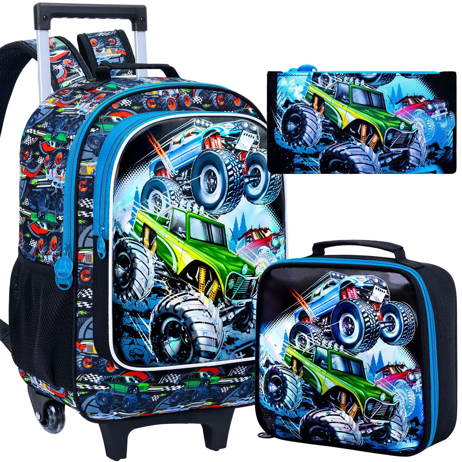 

3PCS Rolling Backpack for Boys, Kids Roller Wheels School Bookbag Set, Wheeled School Bag for Toddler Elementary Children