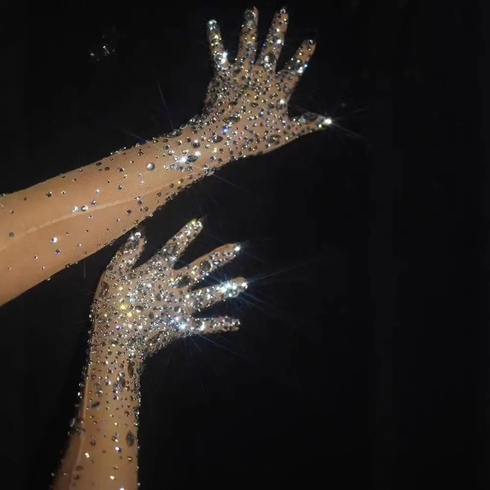 Accessories Sparkling Rhinestone Gloves Luxurious Stretch Perspective Gloves Breathable Soft Crystal Mesh Gloves Stage Wear