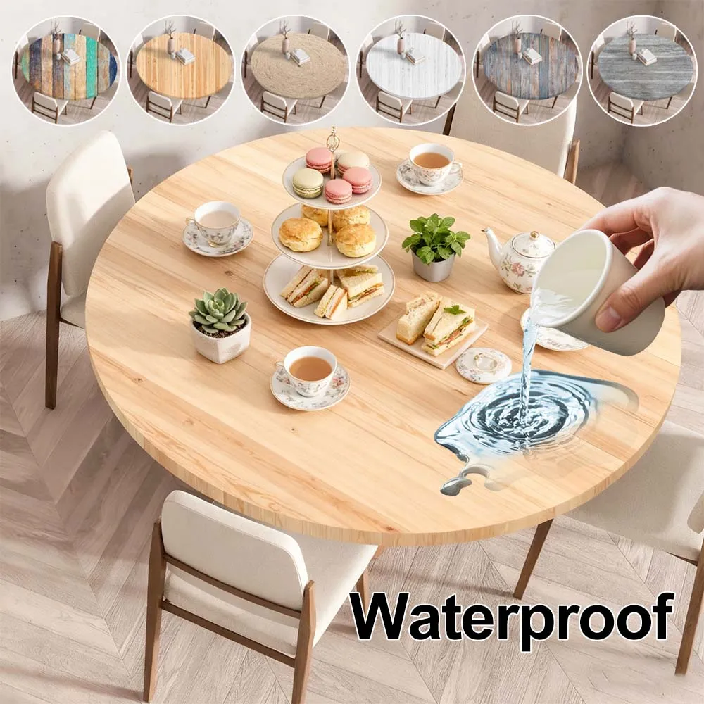 

Durable Wooden Print Table Cover Elastic Waterproof Round Dining Tablecloth for Kitchen Dining Wedding Party Daily Use Скатерть