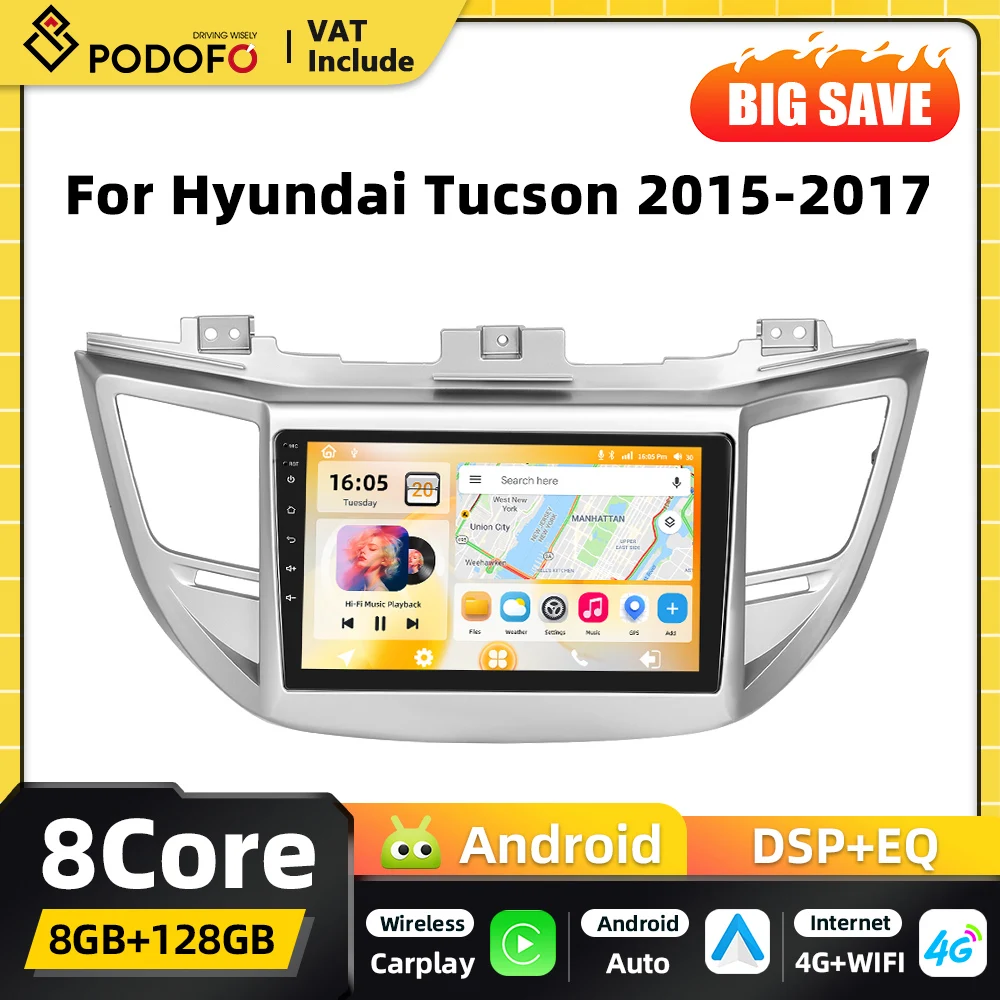 Podofo Qualcomm 8Core CarPlay Android Auto Intelligente Autosysteme für Hyundai Tucson 2015-2017 GPS DSP FM RDS 2din Autoradio