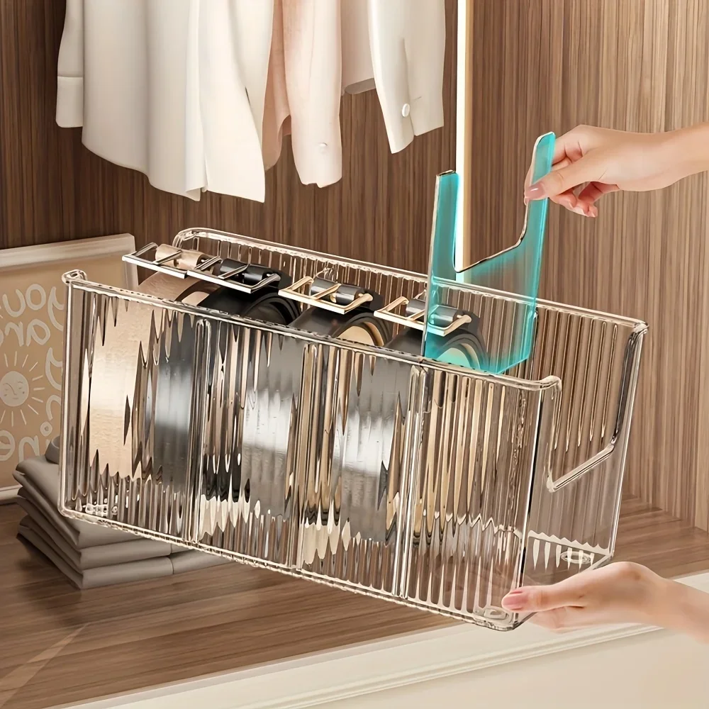 Organizador de cinturón de plástico, estante de almacenamiento dividido de gran capacidad para armario, maquillaje, baño, transparente, a prueba de polvo, multiusos, colgante