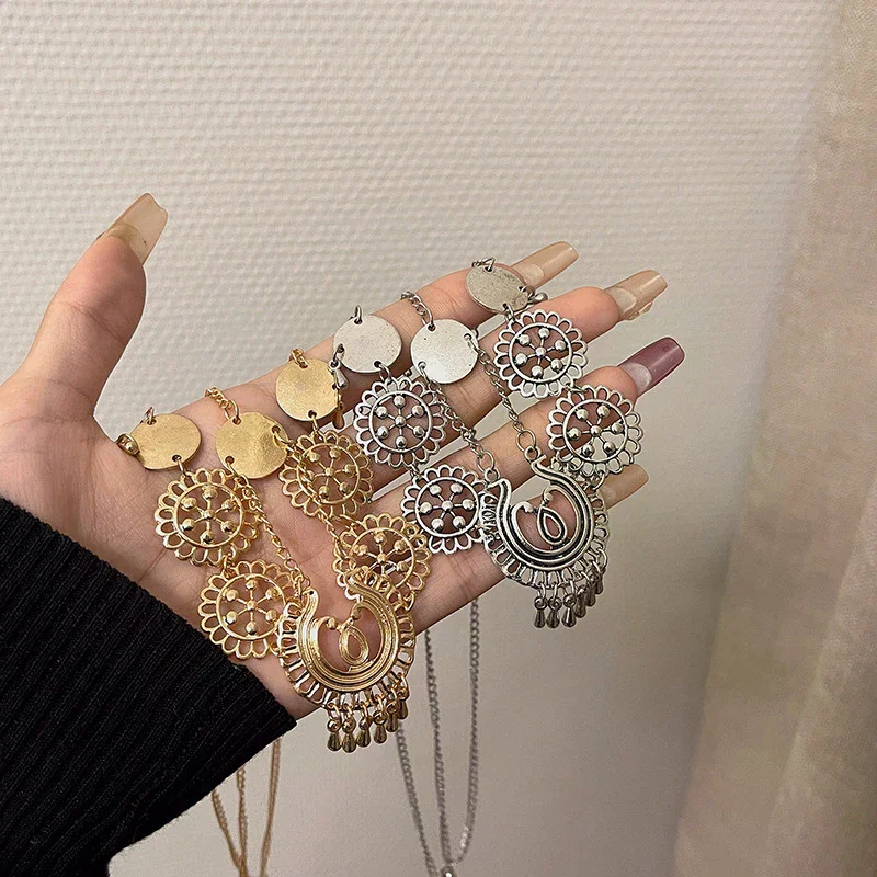 Fashion Vintage Hollow Geometry Flower Head Chain Hairbands Bride Hair Accessories Women Layered Tassel Headband Party