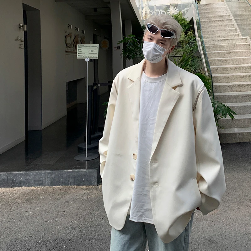 แจ็กเก็ตสูทดีไซน์เปิดไหล่มีซิปสำหรับผู้ชายทรงหลวมเสื้อคลุมสูทสไตล์สไตล์เกาหลีอเนกประสงค์แจ็คเก็ตลำลองชุดลำลองย้อนยุคฤดูใบไม้ร่วง