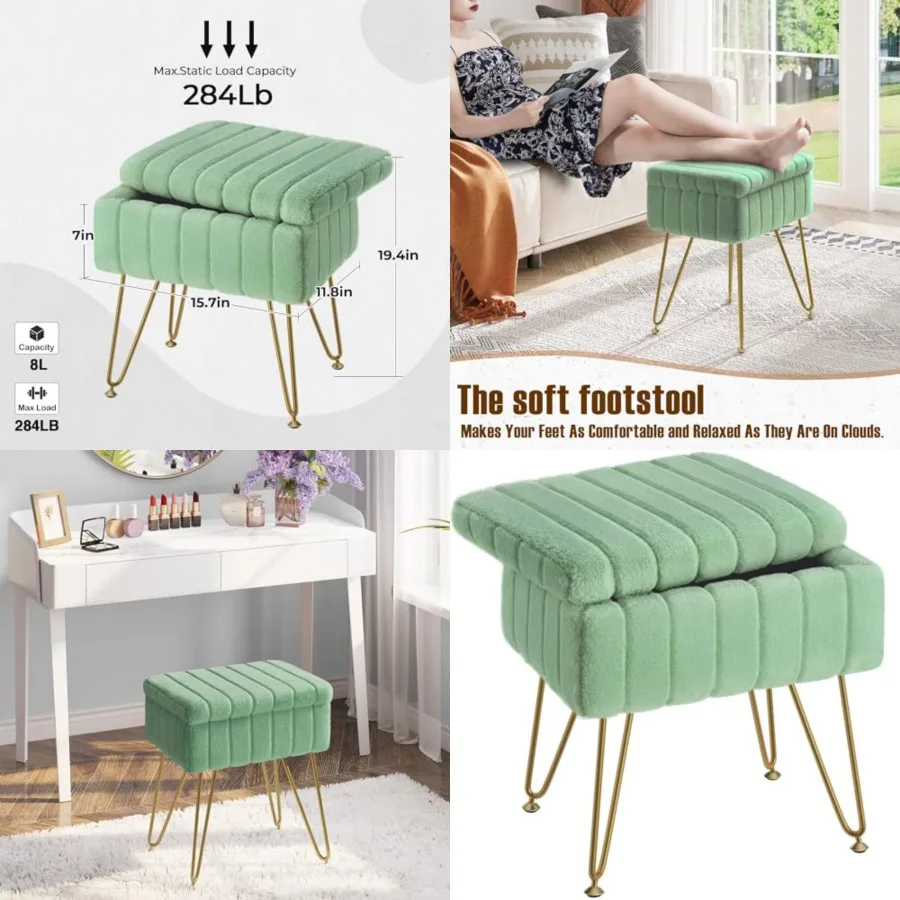 

Vanity Stool Chair Faux Fur with Storage, 15.7"L x 11.8"W x 19.4"H Soft Ottoman 4 Metal Legs with Anti-Slip Feet, Furry Padded