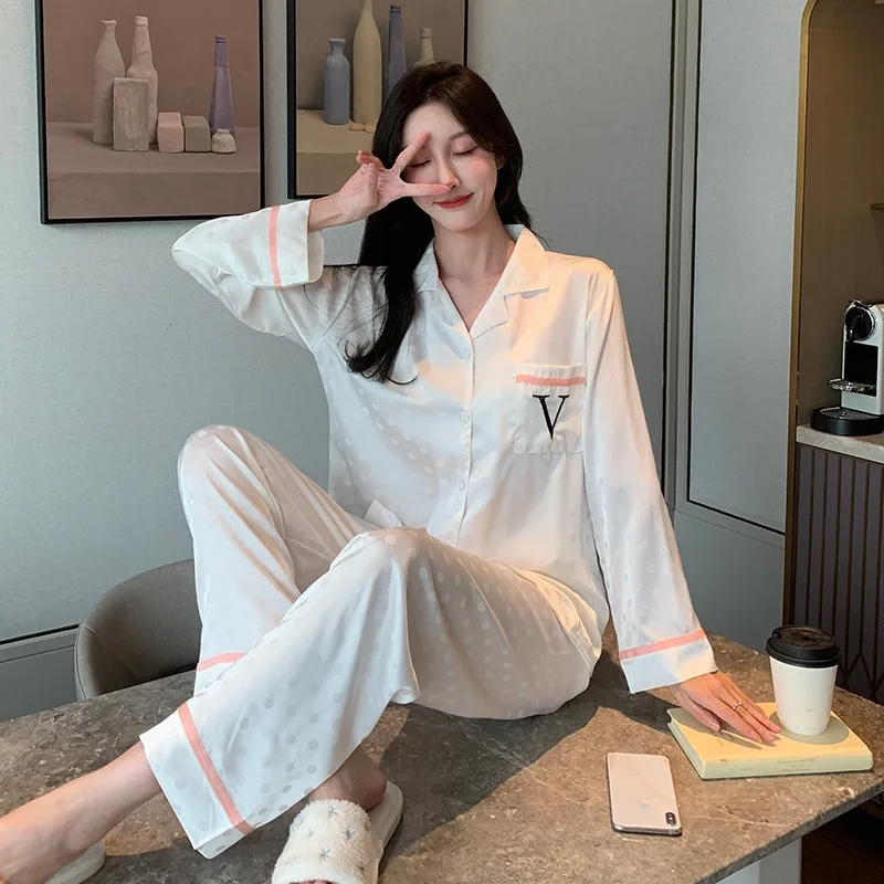 

Pajamas women's long-sleeved silk tops trousers suit high-end fashion luxury two-piece home clothes nightclothe for sleepwear