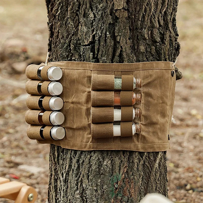 Portable Foldable Canvas Spice Kit Organizer Waterproof Camping Accessories for Hiking Picnic BBQ with 6 Spice Containers