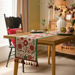 American Style Vintage Table Runner with Floral Jacquard Weave and Tassel for Coffee Table Living Room Home Decoration Bed Tail