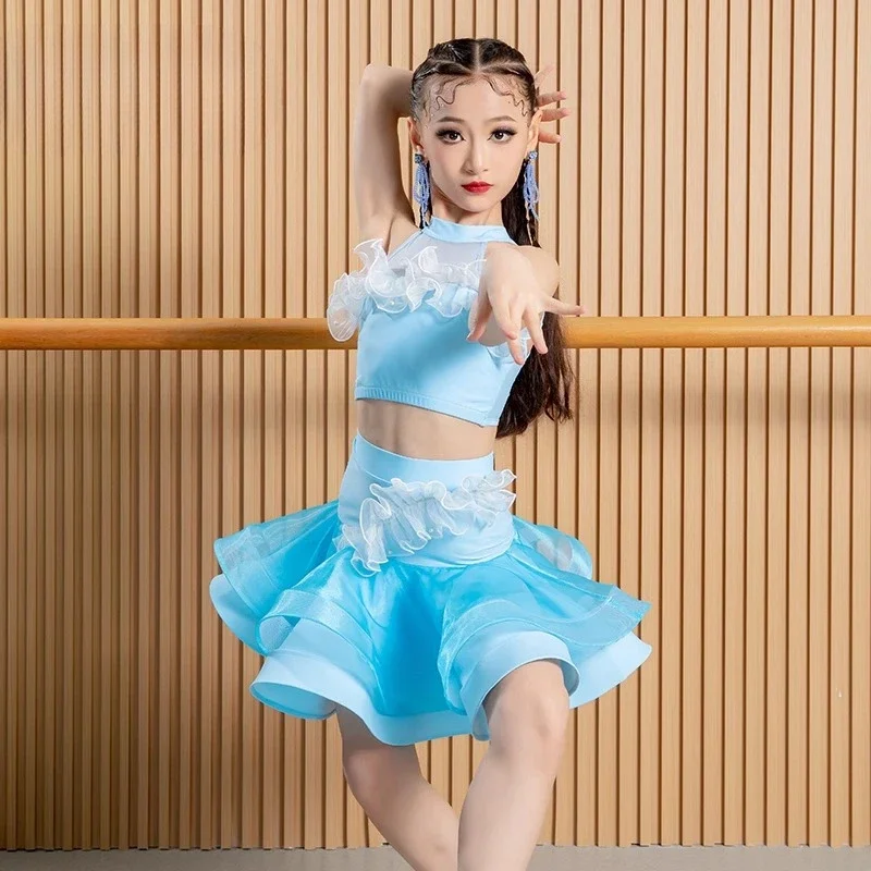 2025 New blue and black Latin dance practice costumes for girls and children, professional and high-end new performance costumes - Image 5