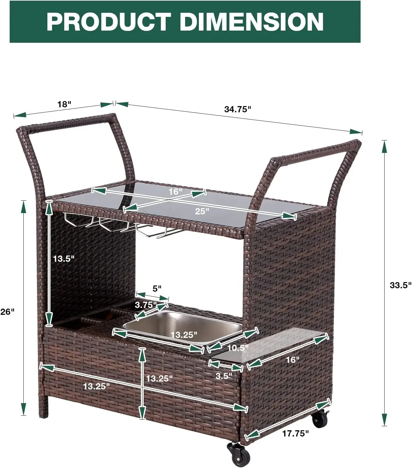 Carrito de Bar de mimbre para exteriores con cubo de hielo extraíble, carrito de servicio de barra de ratán con soporte de vidrio y ruedas, carrito de bebidas