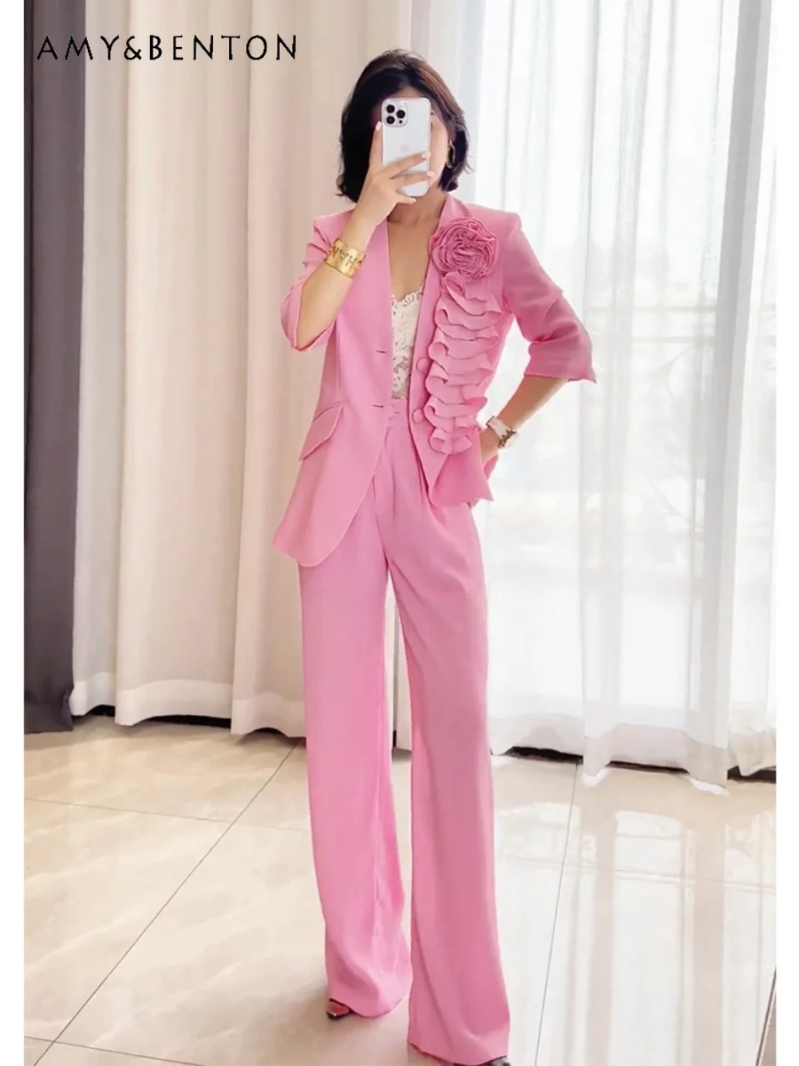 

Summer New Elegant Business Suit High-Grade Fashion Flower Flounce Slim Coat Straight-Leg Pants Two Piece Sets Womens Outifits