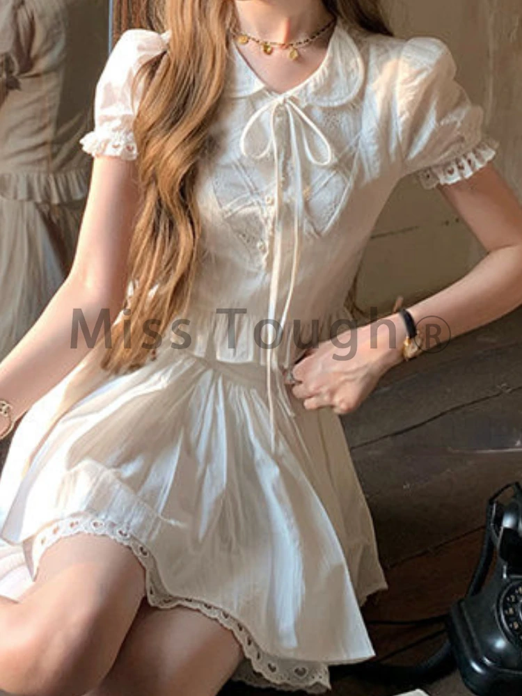 Japanese Elegant Princess 2 Piece Set Women Korean White Kawaii Shirt Mini Skirt Suit Female French Chic Y2K Party Set 2024 New