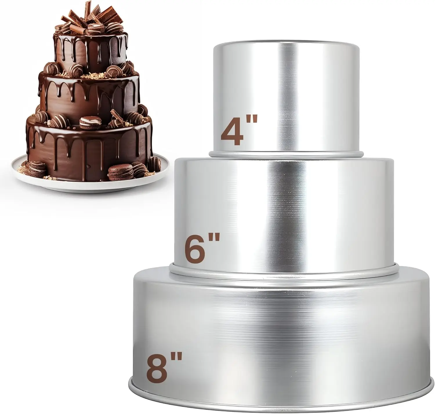 

Round Cake Pans Set 4 6 8 Inch for 3 Tier Wedding Birthday Cakes, Leak Proof Straight Side Aluminum Baking Pans