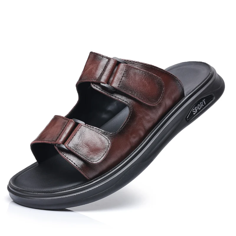 Summer first layer cowhide men\'s leather slippers leather sandals outdoor sandals wear-resistant breathable flip-flops menJES014