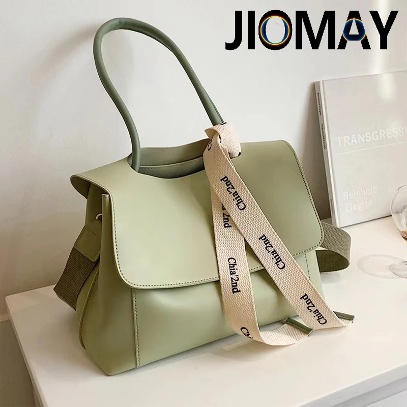 JIOMAY-Bolso de mano de cuero sintético para mujer, bolsa de hombro informal de gran capacidad, Color sólido, a la moda, 2022