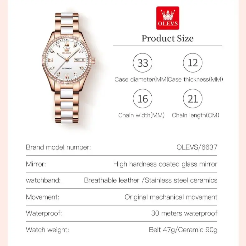 OELVS Women\'s Watch Brand Luxury Rose Gold Diamond Automatic Mechanical Watch Elegant Waterproof Ceramic Strap Women\'s Watch