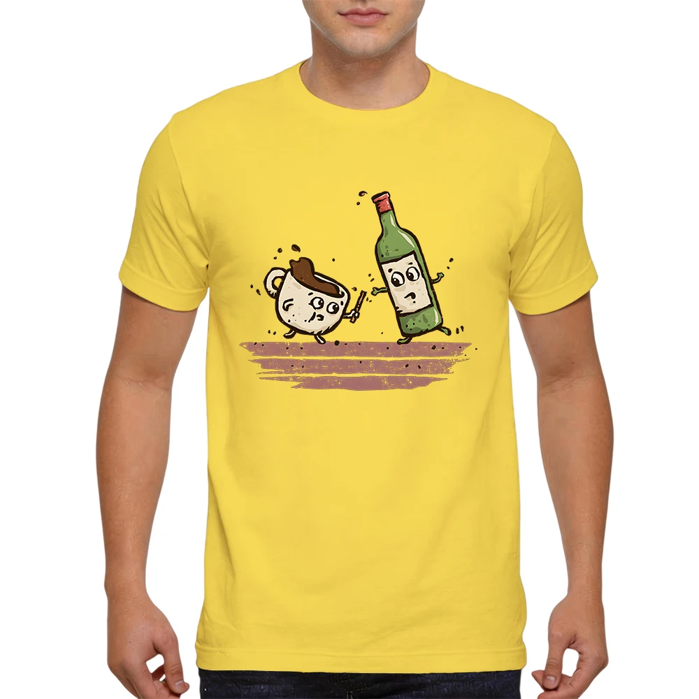 New Summer Mens 100% Cotton T Shirt Funny Cartoon Coffee Cup And Wine Bottle Fight Print Breathable Short Sleeve Daily Wear