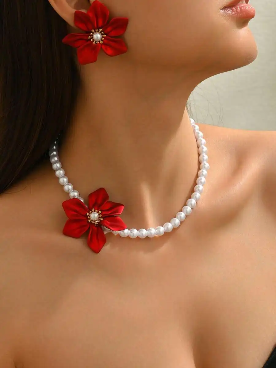 3pcs Elegant Necklace + Earrings Jewelry Set, Romantic French Palace Style, Faux Pearl, 3D Red Woven Acrylic Flower Design, Suit view 4