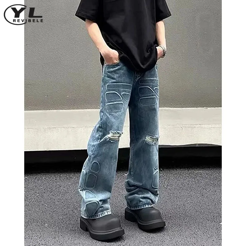 

High Street Gothic Straight Jeans Man Woman Vintage Hole Washed Denim Pants Hip Hop Distressed Baggy Wide Leg Trousers Unisex