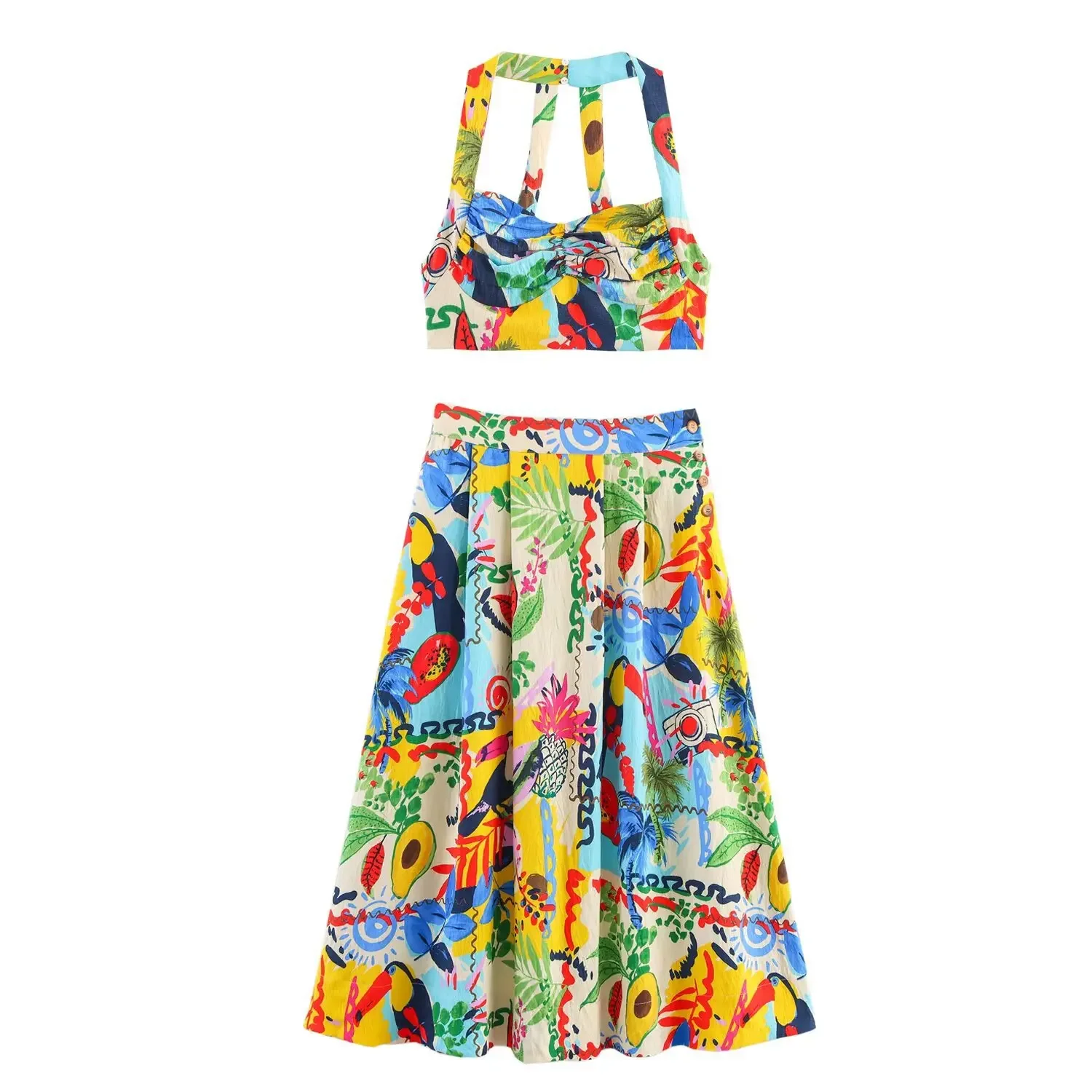 Fashionable Printed Halter Top Short Women's Set with Cloak Style Mini Skirt Street Style Polyester Fabric Summer 2025
