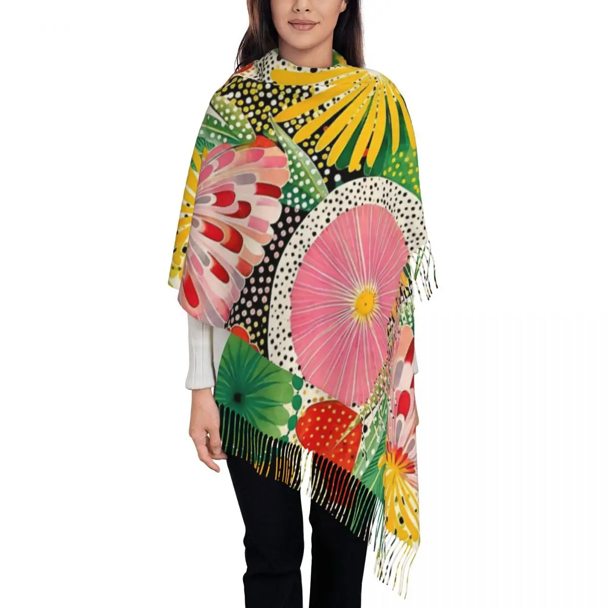 Yayoi Kusama Flower Scarf for Womens Fall Winter Shawl Wrap Single-sided Pattern Scarves with Tassel Daily Wear