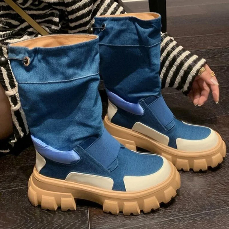 

Новые высококачественные женские ботильоны 2026 года: ретро-дизайн, джинсовые вставки, шнуровка, повседневные короткие ботинки для женщин (Botas Para Mujer)