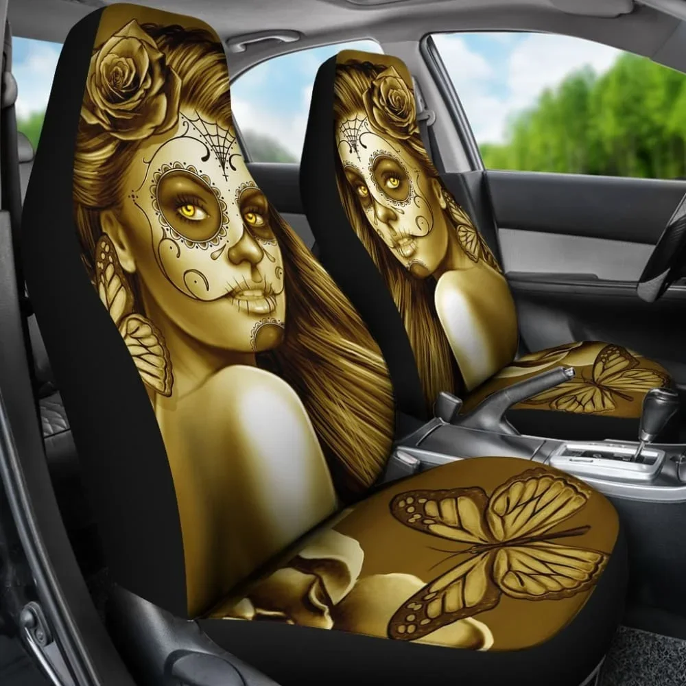 Calavera Fresh Look Design #2 Car Seat Covers (Hazel Sparkle & Shine Rose),Pack of 2 Universal Front Seat Protective Cover