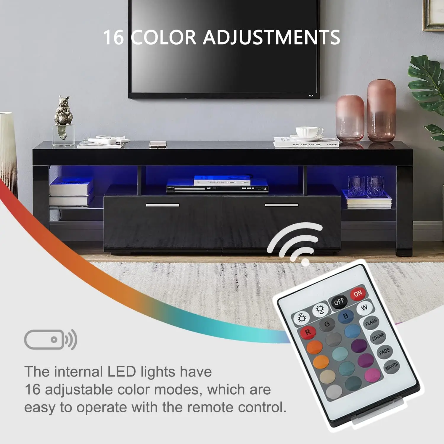 Zwarte LED TV-standaard voor 75 inch tv, hoogglans tv-entertainmentcentrum met opberglade, tv-consoletafel voor woonkamer