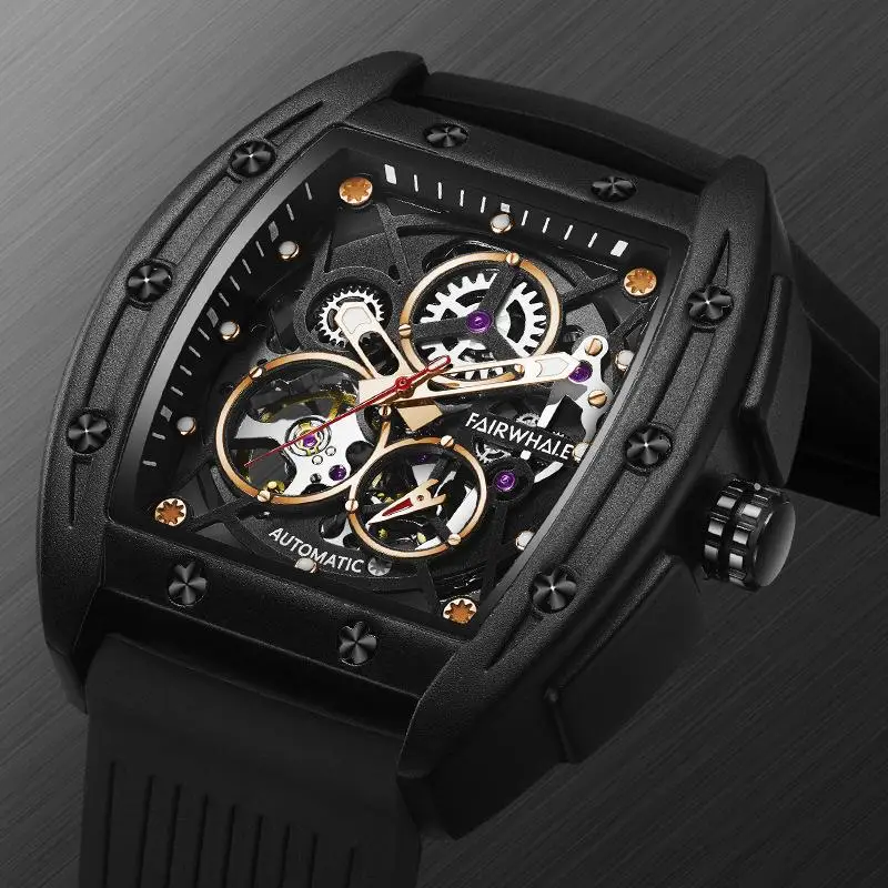 Cool Black Automatic Watch For Men Brand Mark Fairwhale Sport Casual Silicone Strap Tonneau Mechanical Wristwatch Boy Gift Reloj