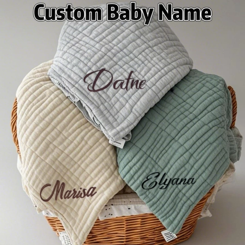 Personalised Name Baby Bath Towel Six Layer Gauze Cotton Quick-Dry Absorbent Swaddle for Newborn Nursing Travel & Beach Blanket