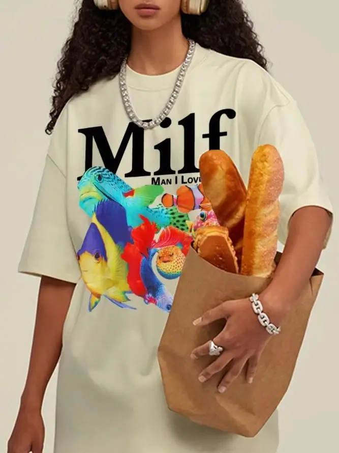 

Neutral Washed T-Shirt Shoulder Loose Round Neck Color Koi Letter Printing High Quality Pure Cotton Fashion New Short Sleeves