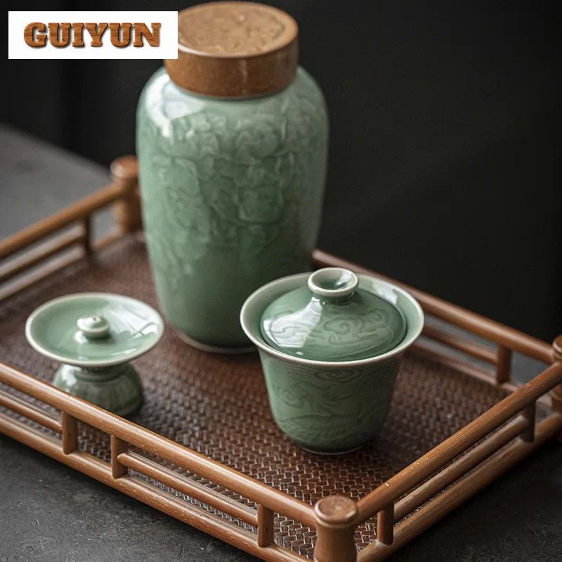 100ml Antique Celadon Hand Grabbing Gaiwan Relief Phoenix Anti Scalding Tea Tureen Tea Maker Cover Bowl Chinese Tea Set Craft