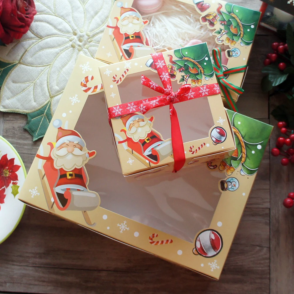 

Yellow Christmas Santa Claus Sleigh 3 Size Box Design 10pcs Bake Packaging Paper Box Gifts Party Favors Decoration Use