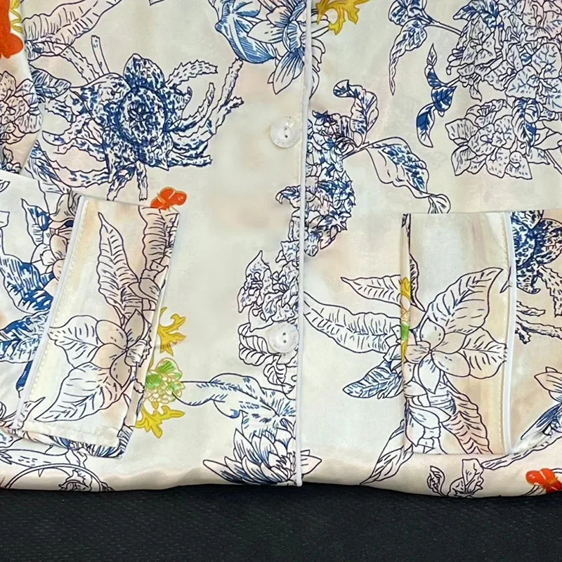 Pajamas Women's Silk Long-sleeved Pajamas Pajamas Suit Flower Printed High-grade Ice Silk Can Be Worn Outside Home Wear Pajamas