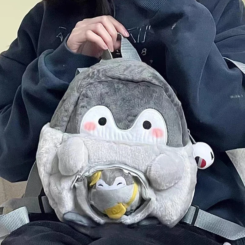 Tas punggung kartun Penguin tas boneka lembut tas wanita beludru tas buku lucu Mini tas kasual serbaguna hadiah Penguin Mini