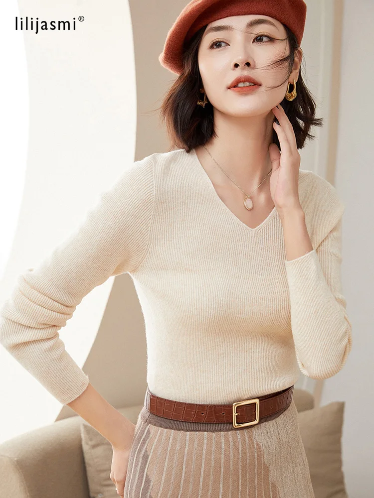 Women 100% Wool Pullover No-Seam Unibody V-Neck Pullover Sweater Basic Solid Style Pure Elastic Slim Fit Jumpers 2022 New Colors