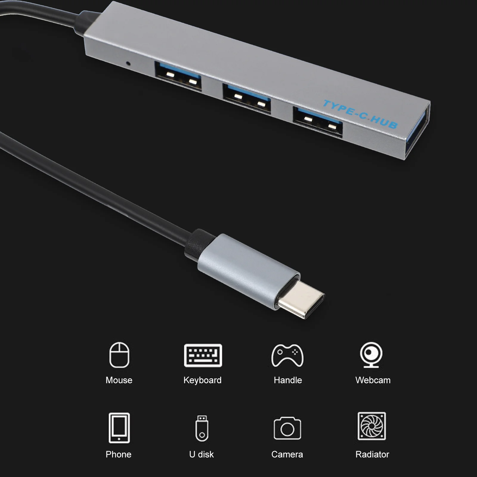 

1Pcs Type-C Expansion Port Usb2.0 Hub Aluminum Alloy Portable USB Data Splitter Adapter for Laptop Desktop