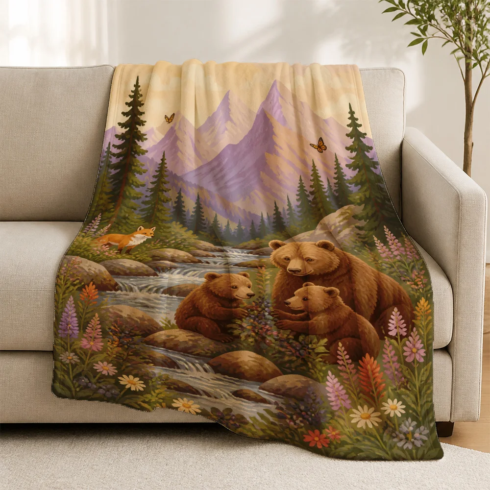 Cozy Woodland Bear Forest Print Throw Blanket Sofa Couch Decor Luxury Nature Scene Wilderness Mountain River Art Throw for Home