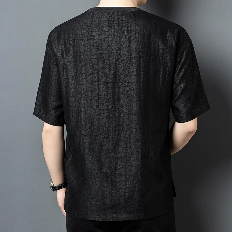 Lightweight Silk 100% T Shirt For Men Short Sleeve Skin-Friendly Summer Quality Gambiered Canton Gauze Satin Camisetas De Hombre