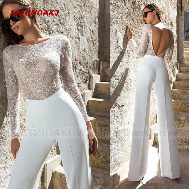 

Elegant Sexy Boho Lace Satin Jumpsuit Wedding Dresses for Women A-Line Long Sleeve Backless Sequin Bridal Gown Vestidos De Novia