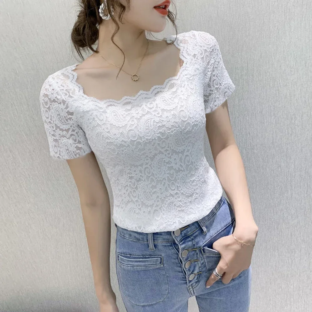 Persian Pattern Lace T Shirt Women Stretch Knitted Blouse Square Collar Short Sleeve S-2XL Size Top Fashion Female Blouses Shirt