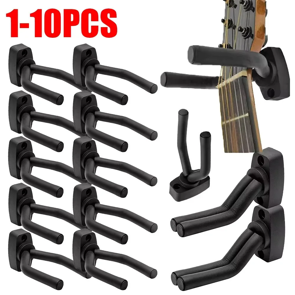 1 to 10 guitar wall mounted, black hooks in all sizes, bass, mandolin, banjo, four stringed instrument, guitar accessories